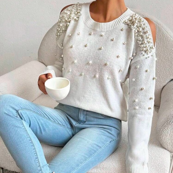 Women´s Solid Color Beaded Decor Crew Neck Hollow-Out...